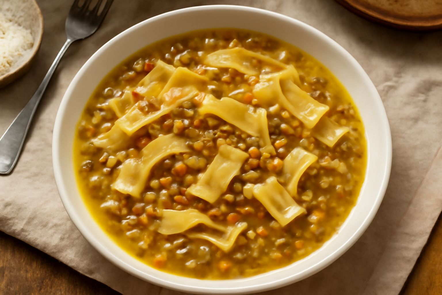 Ciotola di pasta e lenticchie del Monferrato con lenticchie gialle visibili tra la pasta, brodo cremoso dorato, prezzemolo fresco verde sulla superficie, servito in un piatto bianco fondo su tavolo di