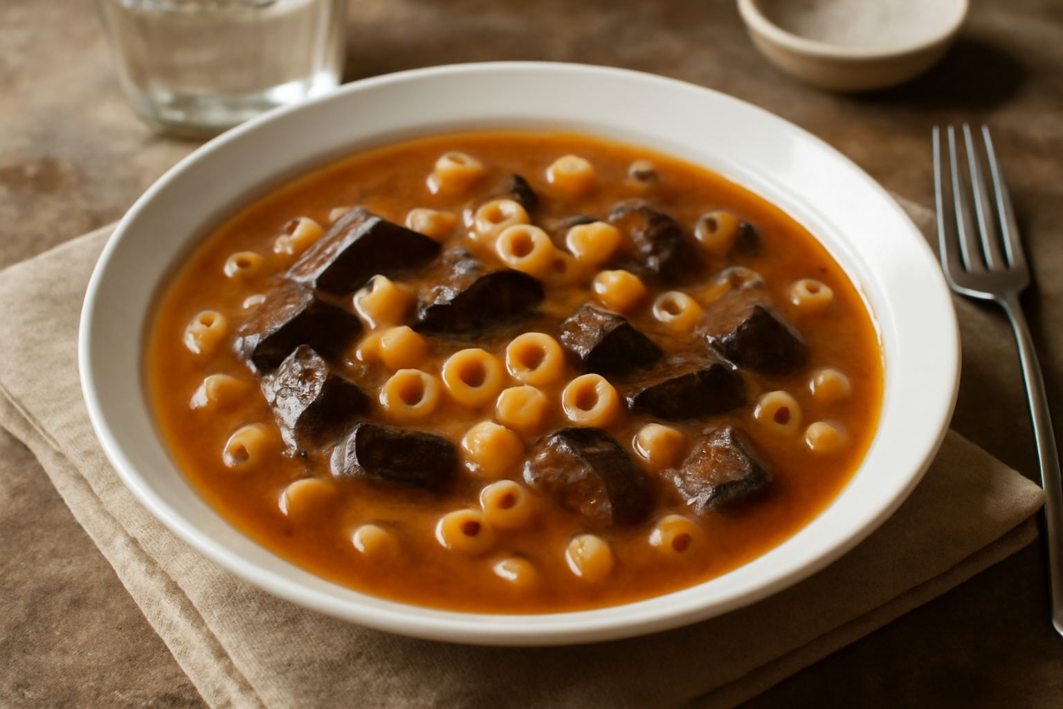 Ciotola bianca con pasta e melanzane in brodo, pezzi di melanzana violastra immersi nel liquido color arancio, pasta rigatoni visibile, gocce di olio d'oliva dorato in superficie, prezzemolo verde fre