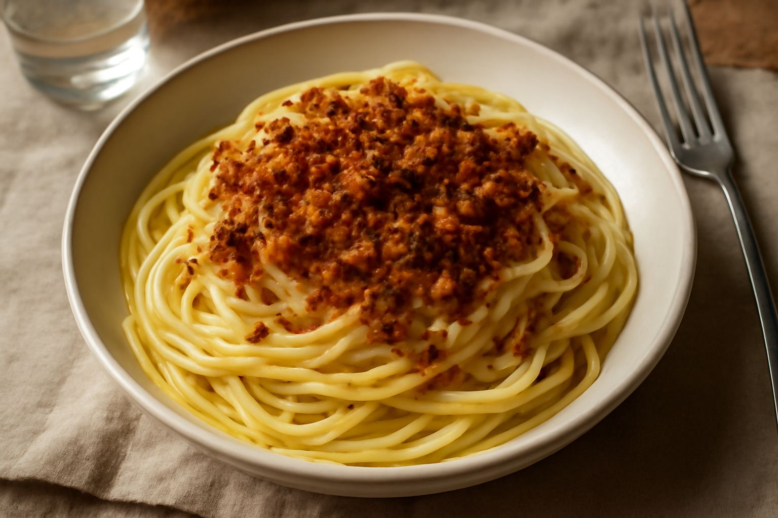 Piatto di pasta bionda con mollica di pane dorata e croccante cosparsa in superficie, olio lucente che brilla sui fili, aglio sbucciato accanto, preparazione su tavolo di legno rustico