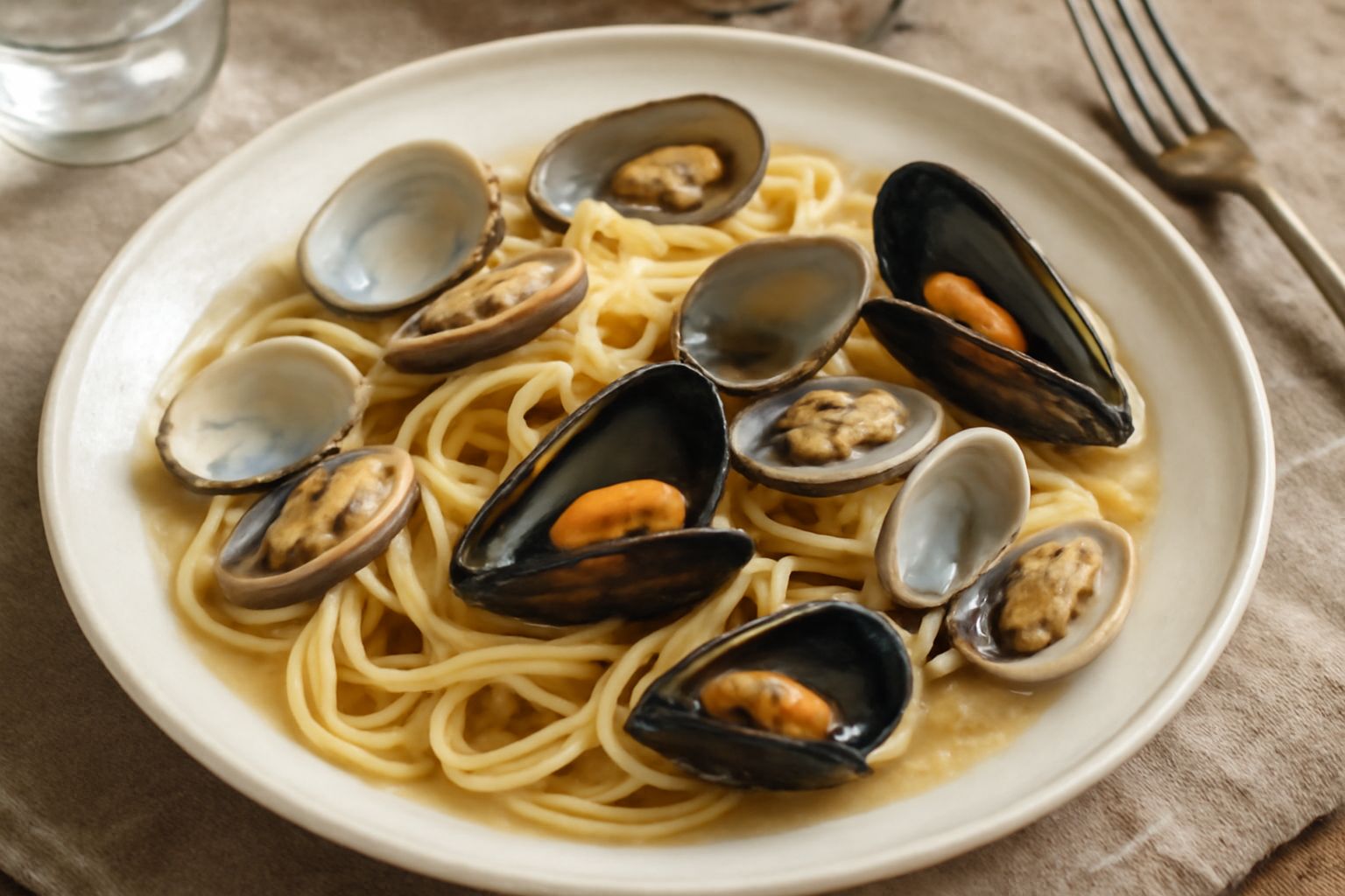 Un piatto fondo di ceramica bianca con pasta al dente color ambra, vongole veraci aperte e cozze nere lustro intorno, condimento di olio verdastro, aglio sminuzzato e prezzemolo fresco verde sulla sup