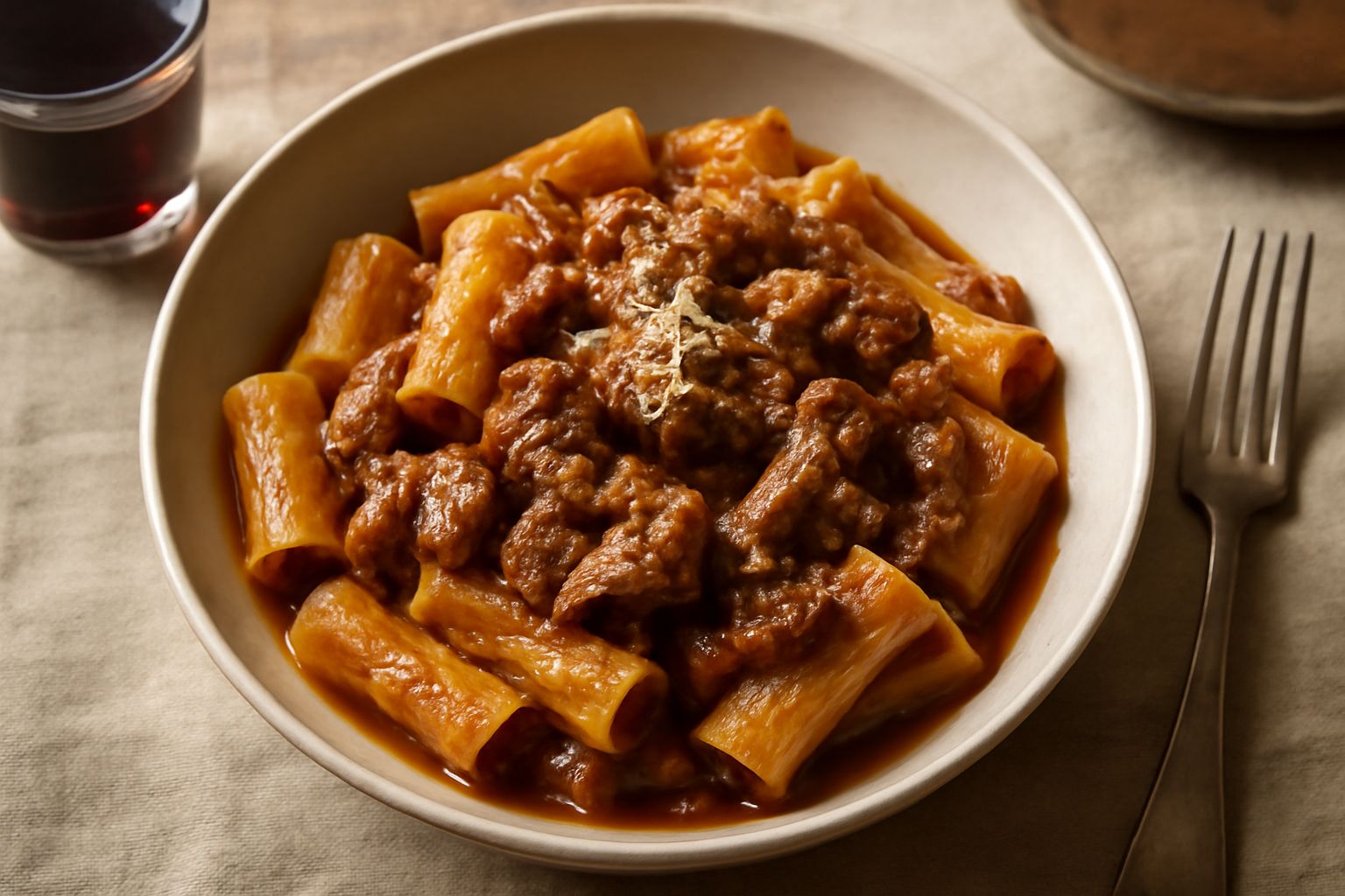 Piatto di pasta e oca: pasta rigatoni con pezzi morbidi di carne di oca marrone scuro, salsa densa marrone rossastra, guarnita con parmigiano grattugiato bianco e prezzemolo verde fresco