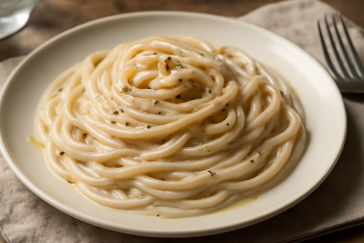 Un piatto di pasta bianca ricoperta di orzata cremosa di colore beige, guarnita con pepe nero macinato fresco e un filo di olio extravergine, su un piatto bianco con bordo sottile