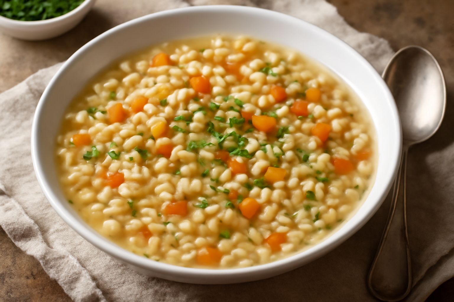 Un piatto di pasta e orzo mischiati in brodo, con verdure tagliate finemente, completato da un filo d'olio di oliva in superficie e prezzemolo fresco tritato