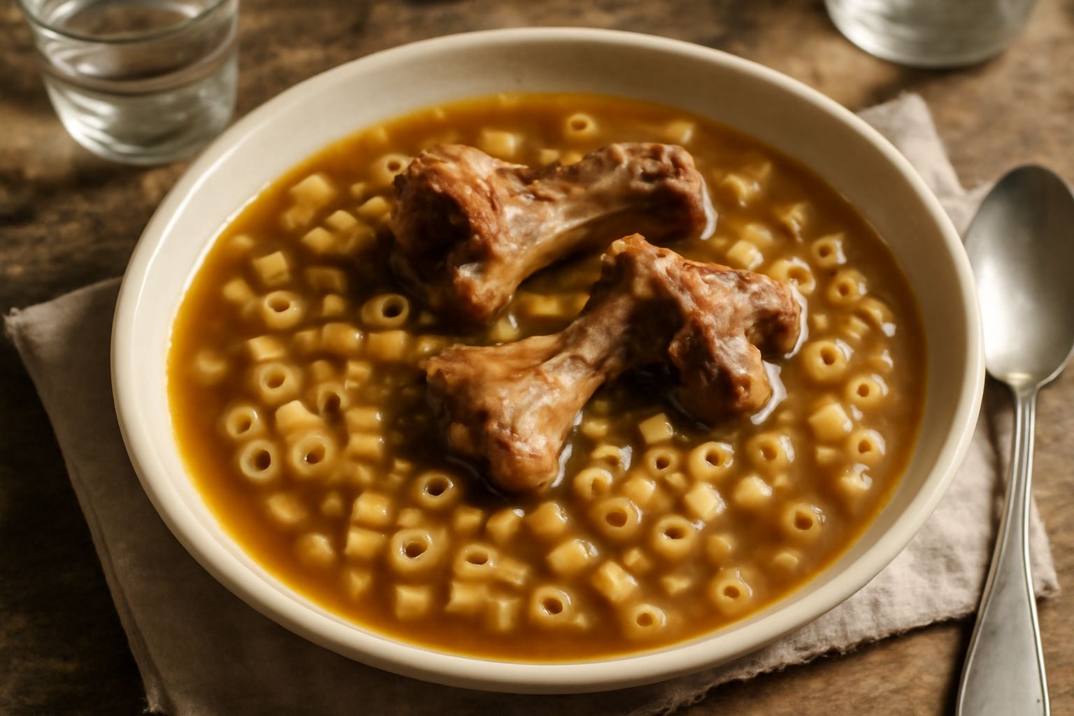 Piatto di pasta in brodo con ossa di maiale visibili, pasta di grano duro semifredda, brodo traslucido ambrato, ossa in primo piano con carne adesa, ciotola di ceramica bianca, fondo rustico di legno