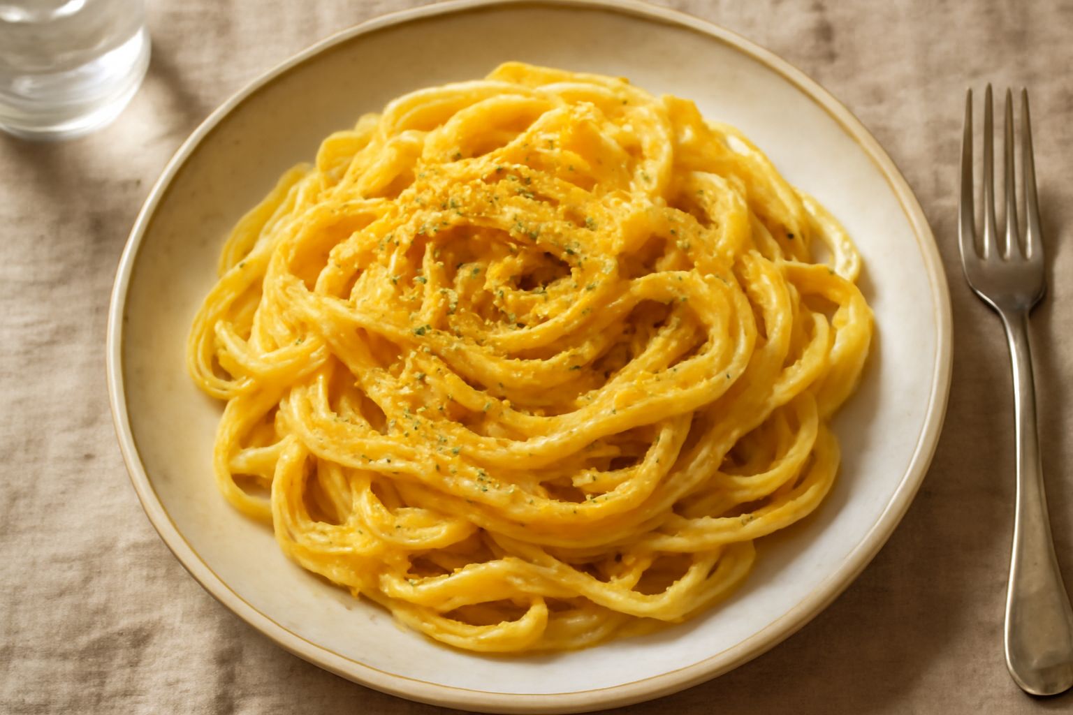 Piatto di pasta e ova fumante con fettucce di pasta all'uovo rivestite di salsa cremosa gialla, pepe nero visibile in superficie, guarnizione di pecorino grattugiato, servito su piatto bianco.
