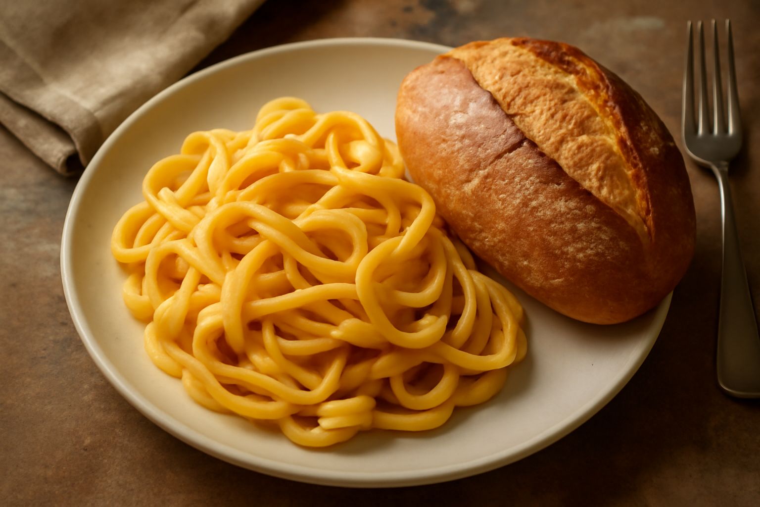 Pane scuro appena sfornato con crosta croccante dorata accanto a pasta fresca all'uovo arrotolata su un piano di legno bianco, spolverizzati di farina, in luce naturale