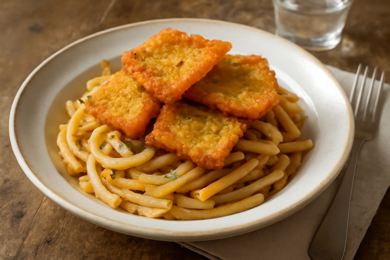 Piatto di pasta condita con sugo di pomodoro, completato da panelle dorate e croccanti posizionate sopra, spolverato di prezzemolo fresco verde e formaggio, sfondo bianco