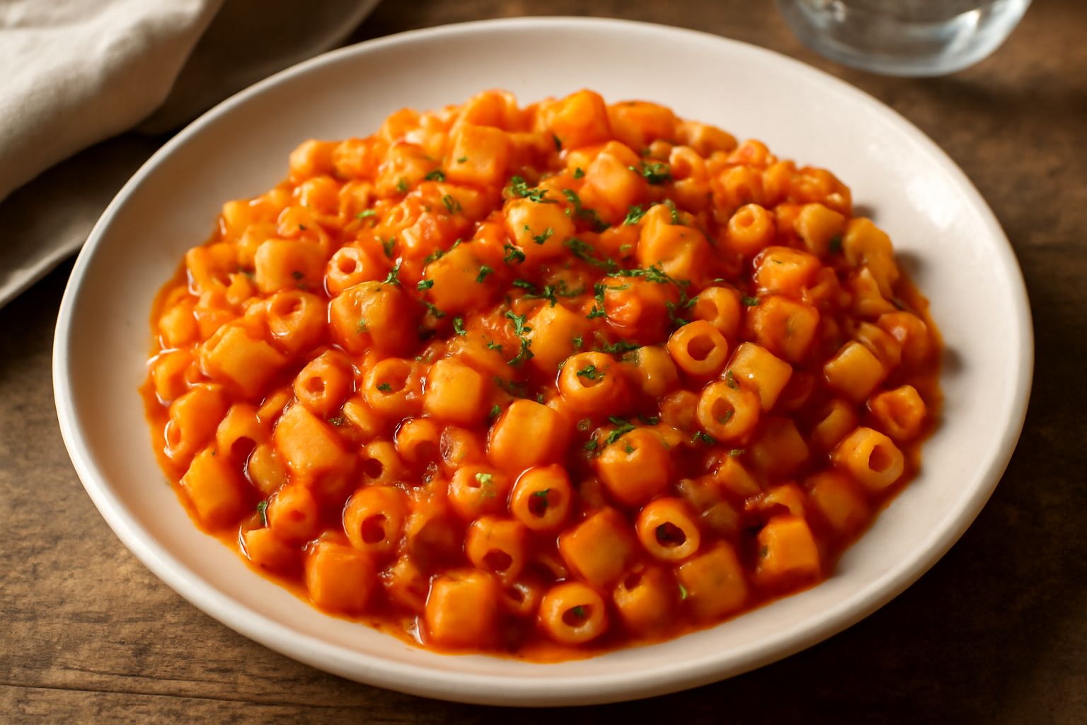 Piatto di pasta e patane con pasta corta, cubetti di patata gialla, sugo di pomodoro rosso intenso, cosparso di prezzemolo fresco verde e gocce di olio d'oliva