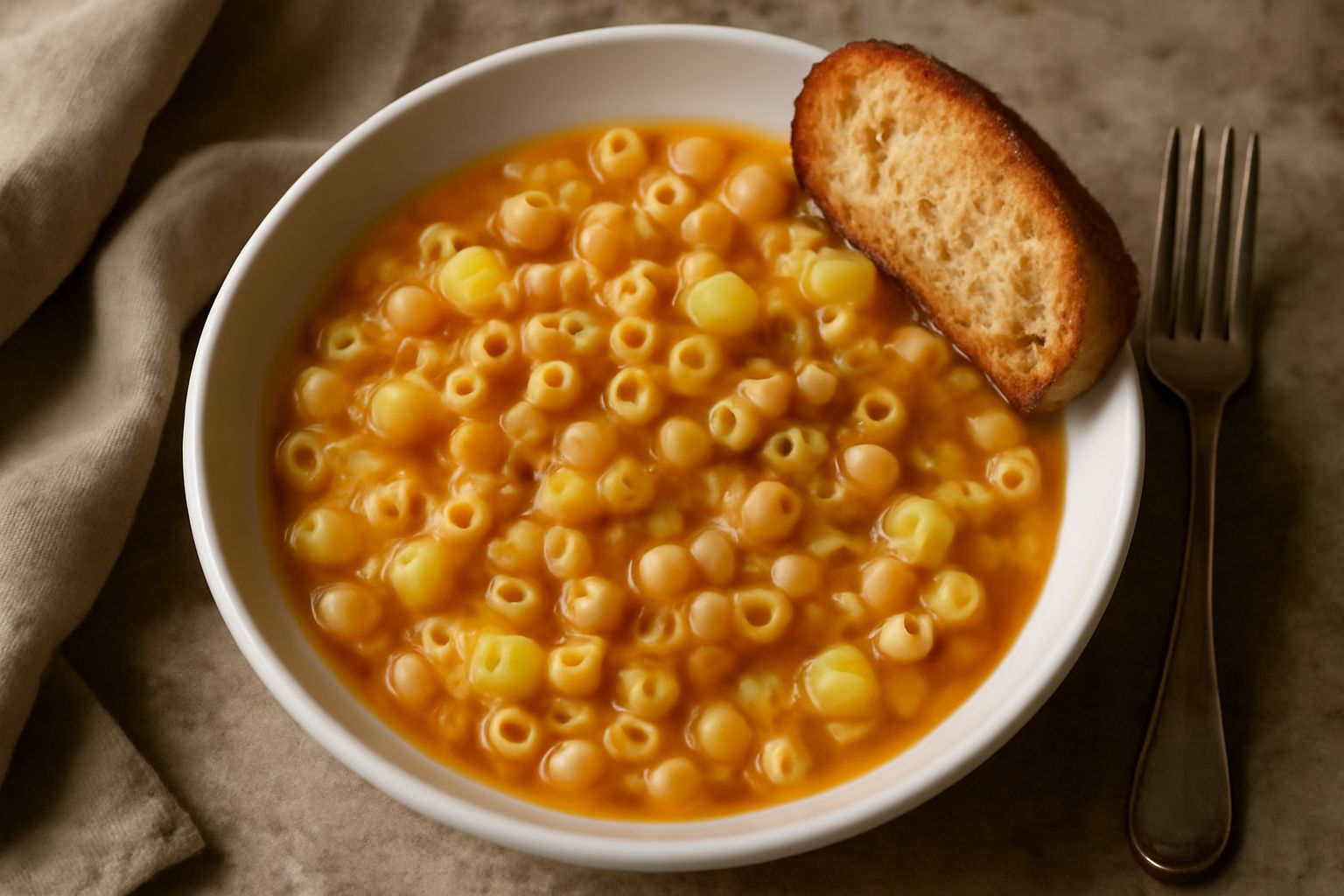 Piatto di pasta e patate in una ciotola bianca fonda: pasta tubetti dorata mista a cubetti di patata color crema, brodo denso e cremoso che avvolge gli ingredienti, filo d'olio d'oliva in superficie, 