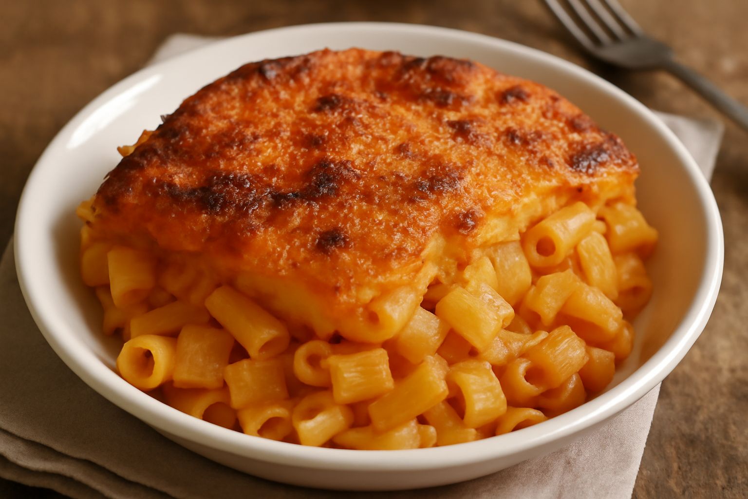 Piatto di pasta e patate al forno appena sfornato, con crosta dorata di formaggio gratinato sulla superficie, patate morbide visibili tra la pasta, contorni di verdure verdi in piatto bianco