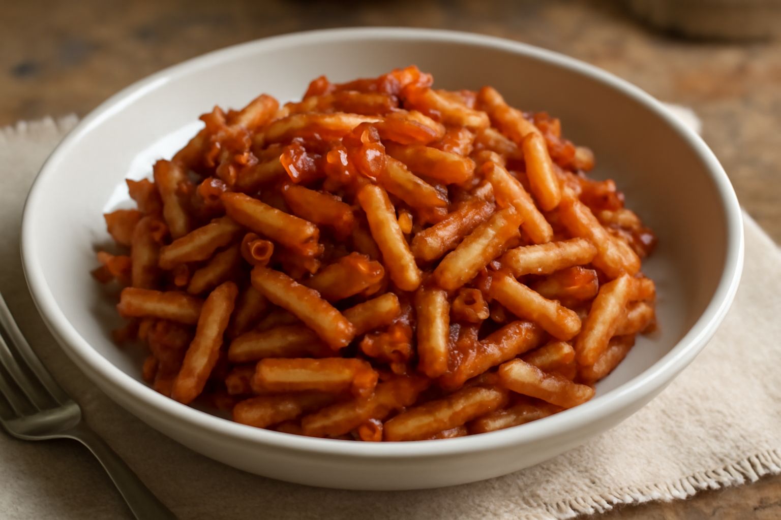 Montagna di pasta e patate fritta dorata e croccante servita in un piatto bianco, con pezzi visibili di pasta e bastoncini di patata, spolverata di sale grosso