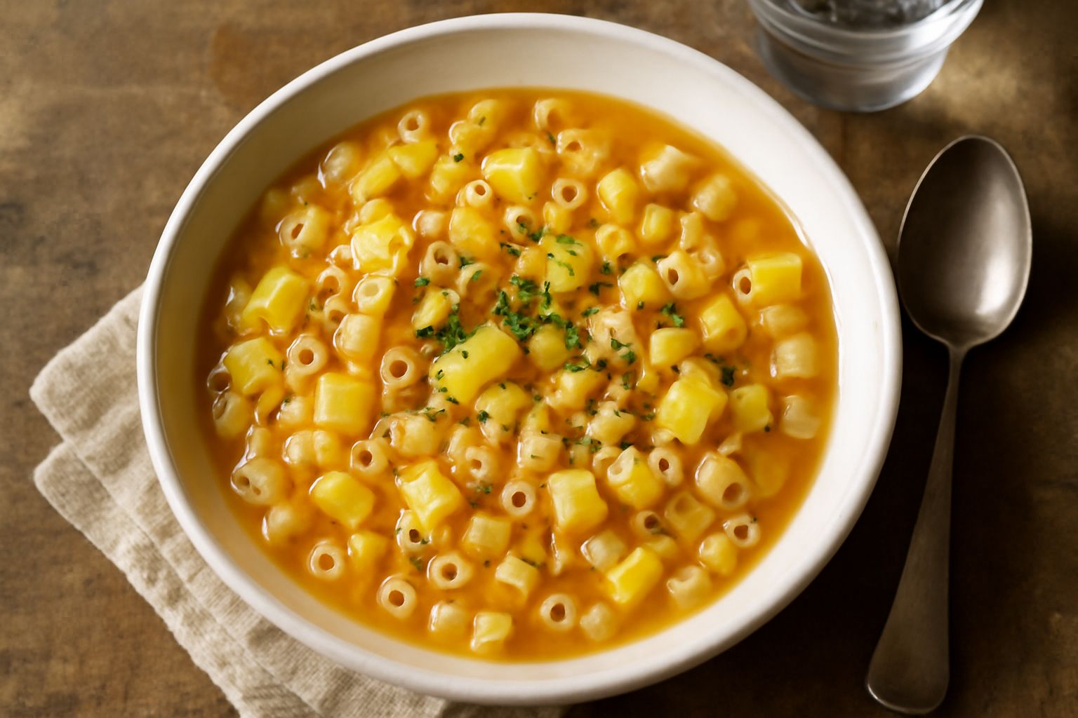 Piatto di ceramica bianca con pasta e patate in brodo caldo fumante, patate gialle tagliate a cubetti, rifinito con olio d'oliva e prezzemolo fresco