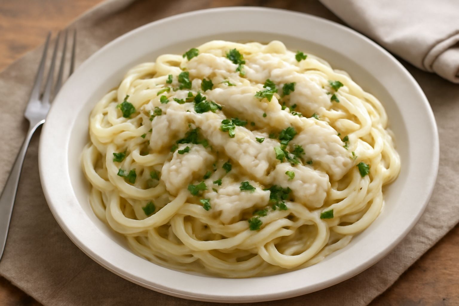 Piatto bianco con spaghetti biancheggianti rivestiti di salsa cremosa, filetti di pesce bianco sfaldato in superficie, prezzemolo fresco verde spezzettato, gocce d'olio d'oliva lucicante, contorno del