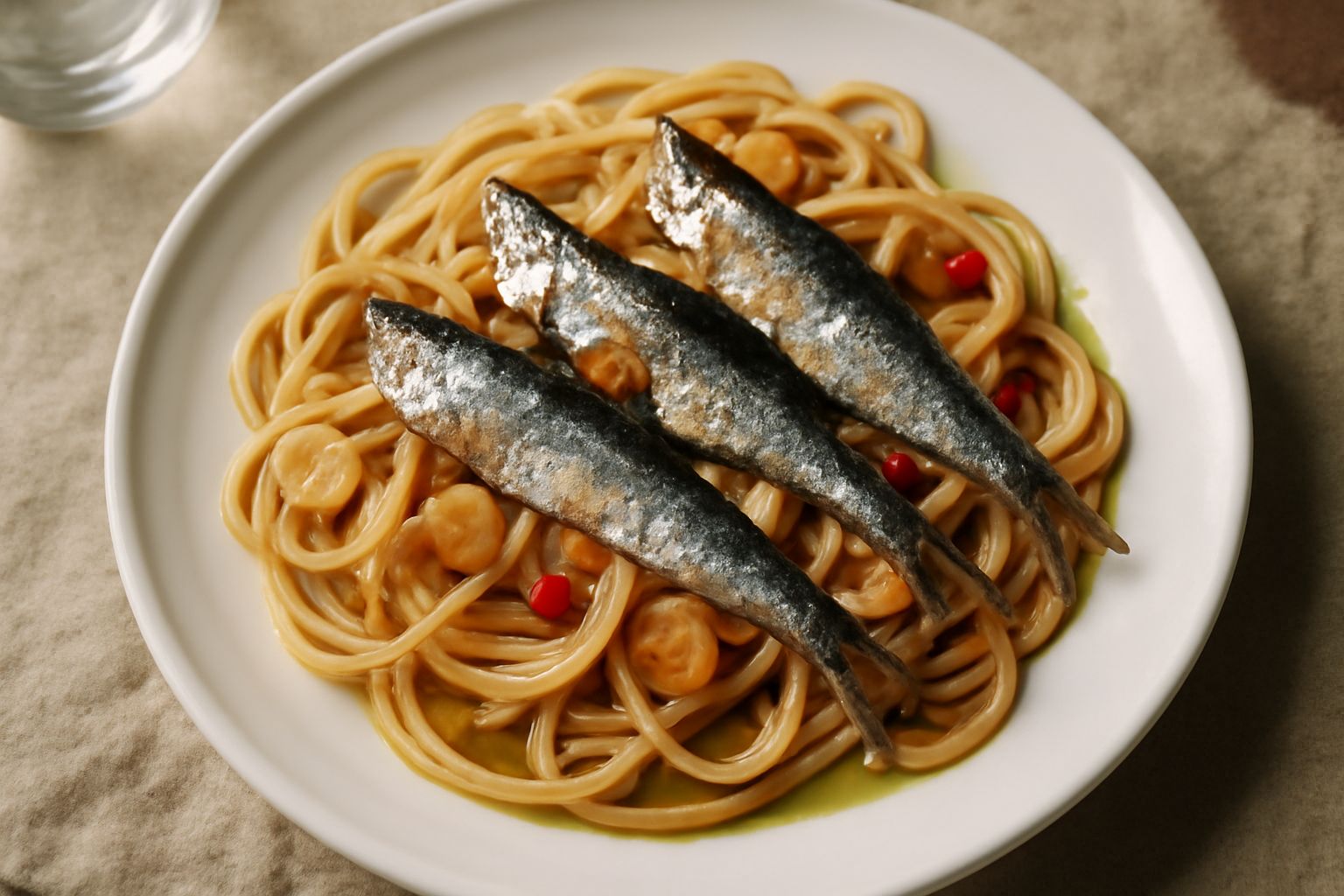 Piatto di pasta con sardine intere dorate, aglio affettato trasparente, peperoncino rosso, una cascata di olio verde oliva, prezzemolo fresco verde e limone giallo tagliato, servito in piatto bianco c