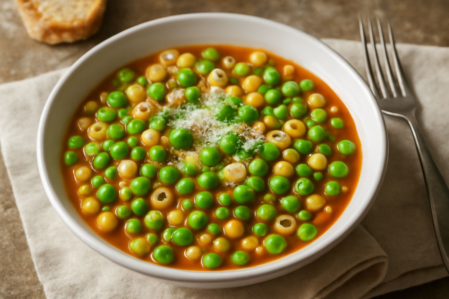 Piatto di pasta e piselli in ciotola bianca, pasta piccola mescolata con piselli verdi, salsa rossa di pomodoro leggera, gocce d'olio extravergine, pane tostato accanto