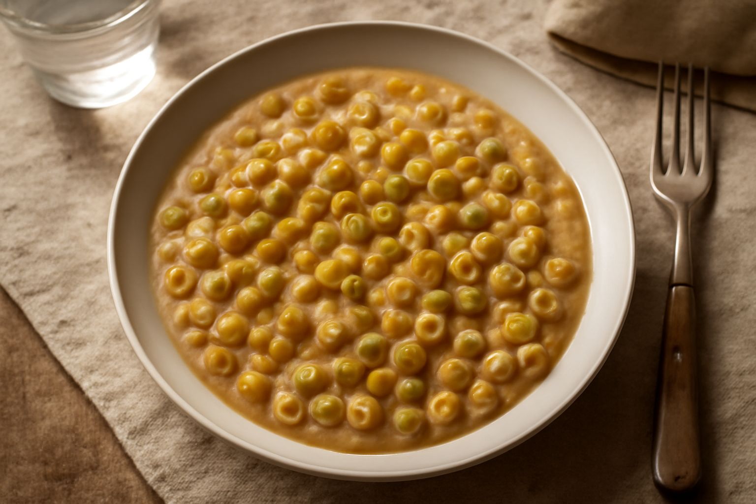 Un piatto bianco con pasta e piselli secchi cotti, cremosi e color nocciola, con chicchi di pisello visibili interi e ammaccati, un filo d'olio d'oliva in superficie e parmigiano grattugiato sopra, co