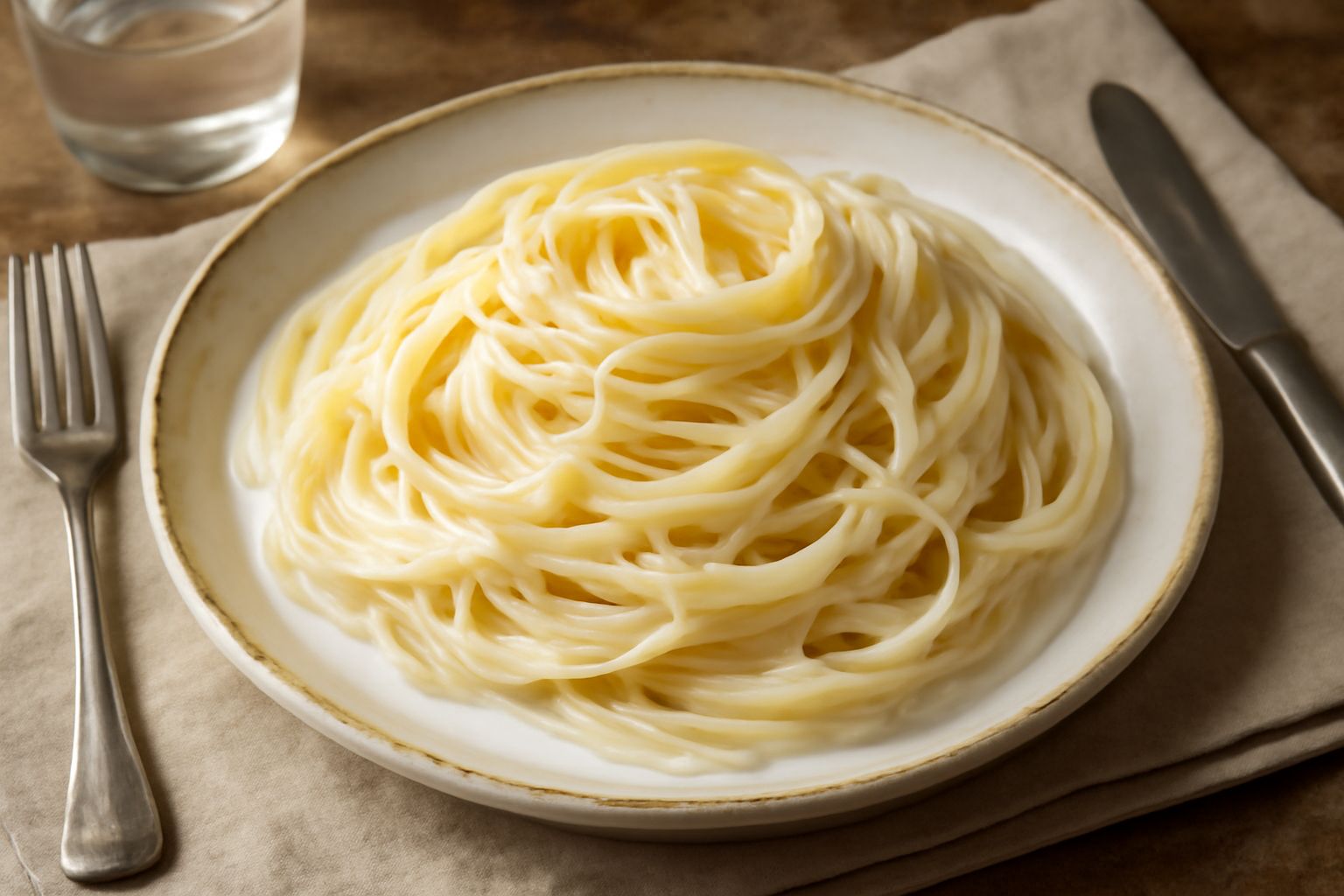 Piatto di pasta gialla con crema bianca e densa che avvolge ogni filo, pezzi visibili di provatura filante, pepe nero macinato fresco in superficie, su fondo bianco opaco