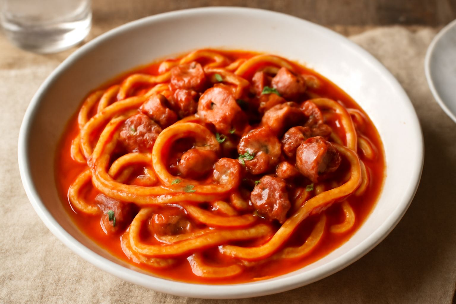 Piatto fondo bianco con pasta fresca gialla condita con pezzi di polpo grigio-rosa, salsa rossa di pomodoro, aglio sminuzzato, olio verde, contorno di prezzemolo fresco su tavolo di legno