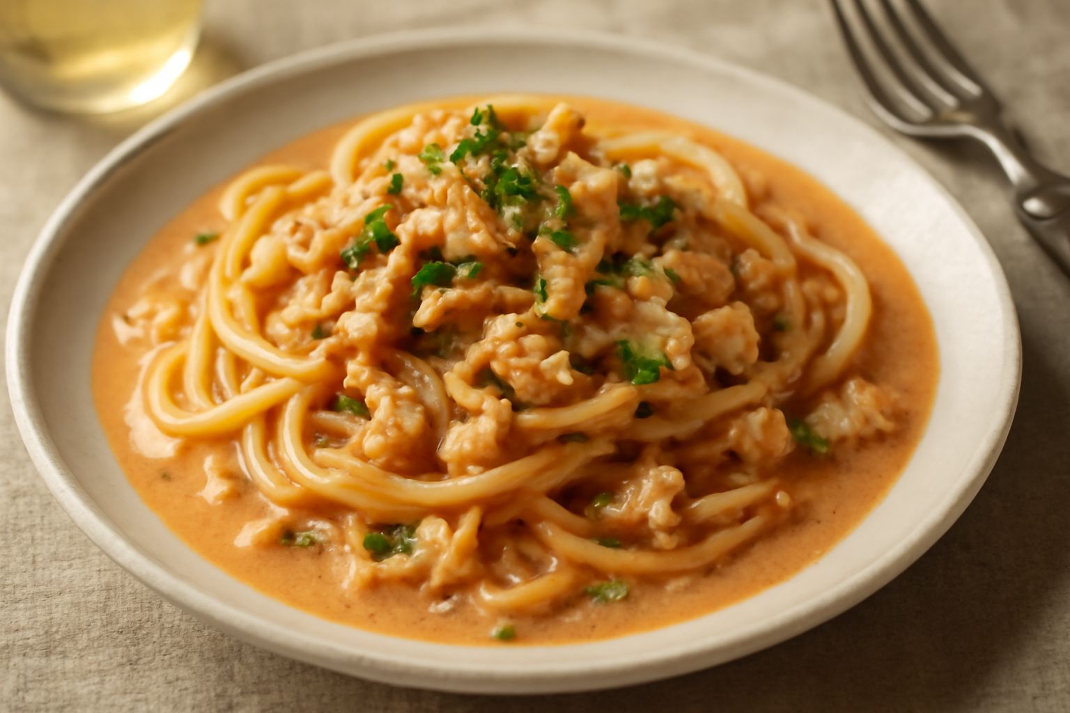 Piatto di pasta con rane, salsa rosata a base di pomodoro e brodo di rana, guarnito con prezzemolo fresco e pepe nero, servito in un piatto fondo bianco