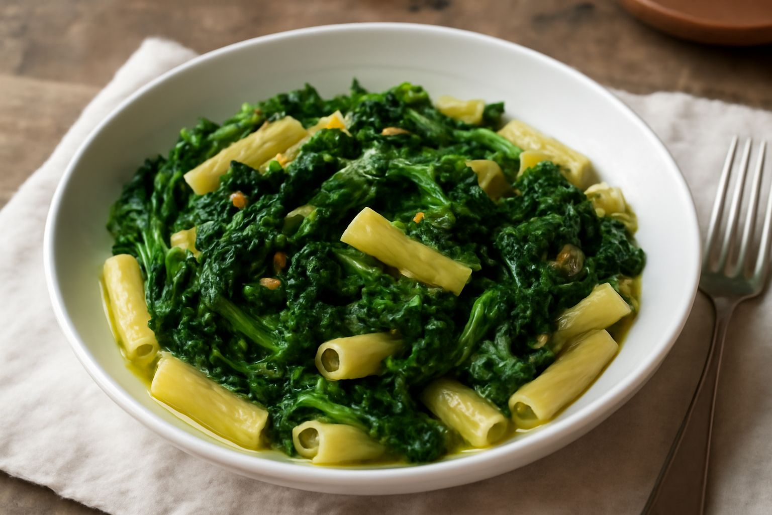 Un piatto bianco con pasta fresca mista a rape verde scuro soffritte, bordo esterno di olio lucente, grattugia di parmigiano, servito da una forchetta di legno su tavolo grigio