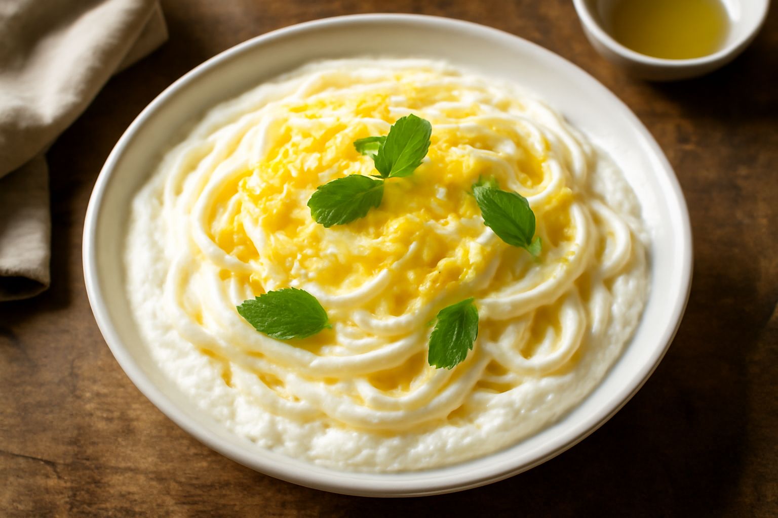 Un piatto bianco di pasta con ricotta cremosa color bianco panna, spolverata di pecorino grattugiato giallo e foglie fresche di menta verde, con filamenti di pasta visibili nella crema.