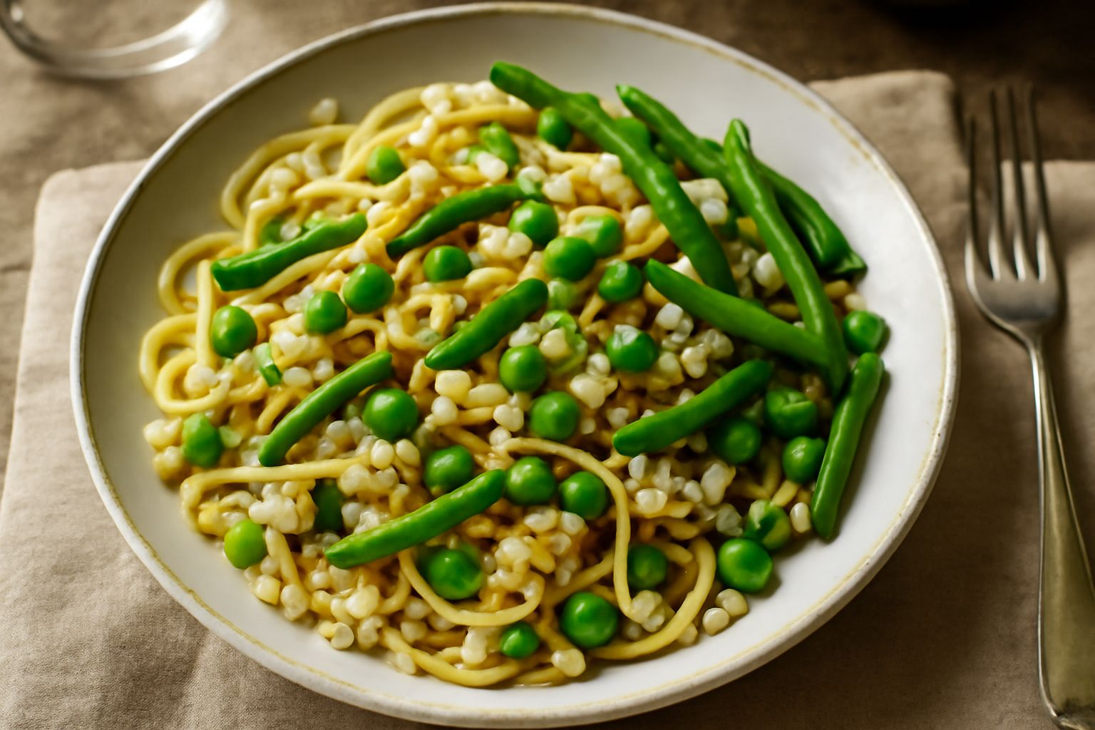 Un piatto di ceramica bianca con pasta e riso mescolati, orzo perlato dorato, piselli verdi brillanti e fagiolini soffritti, guarnito con prezzemolo fresco al centro
