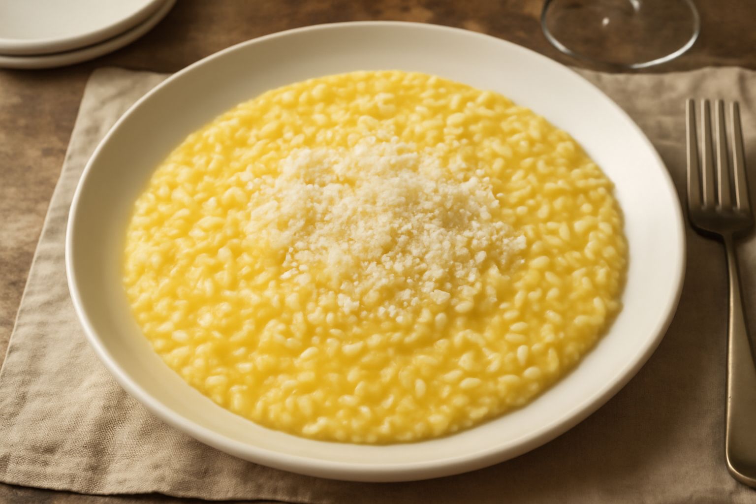 Piatto bianco fondo con risotto cremoso giallo dorato, con una quenelle di burro al centro, cosparto di parmigiano reggiano grattugiato e rametto di prezzemolo fresco sulla spalla del piatto