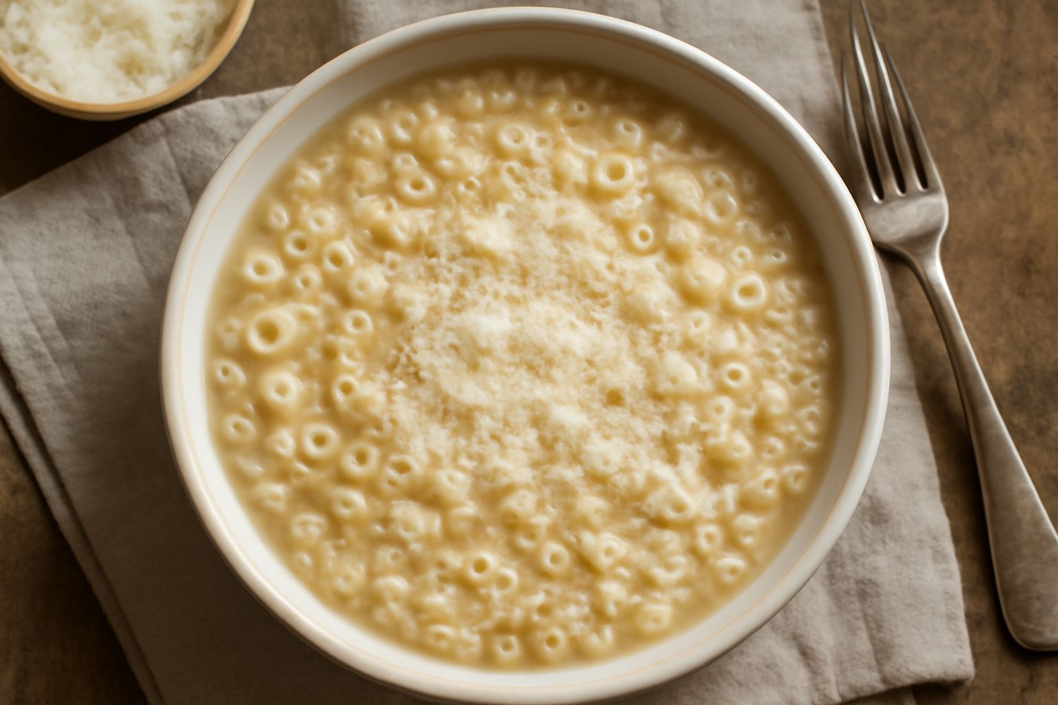 Piatto fondo di pasta e riso misto con formaggio grattugiato in superficie, brodo leggermente cremoso visibile tra i chicchi, decorazione di prezzemolo fresco verde, servito su piatto bianco