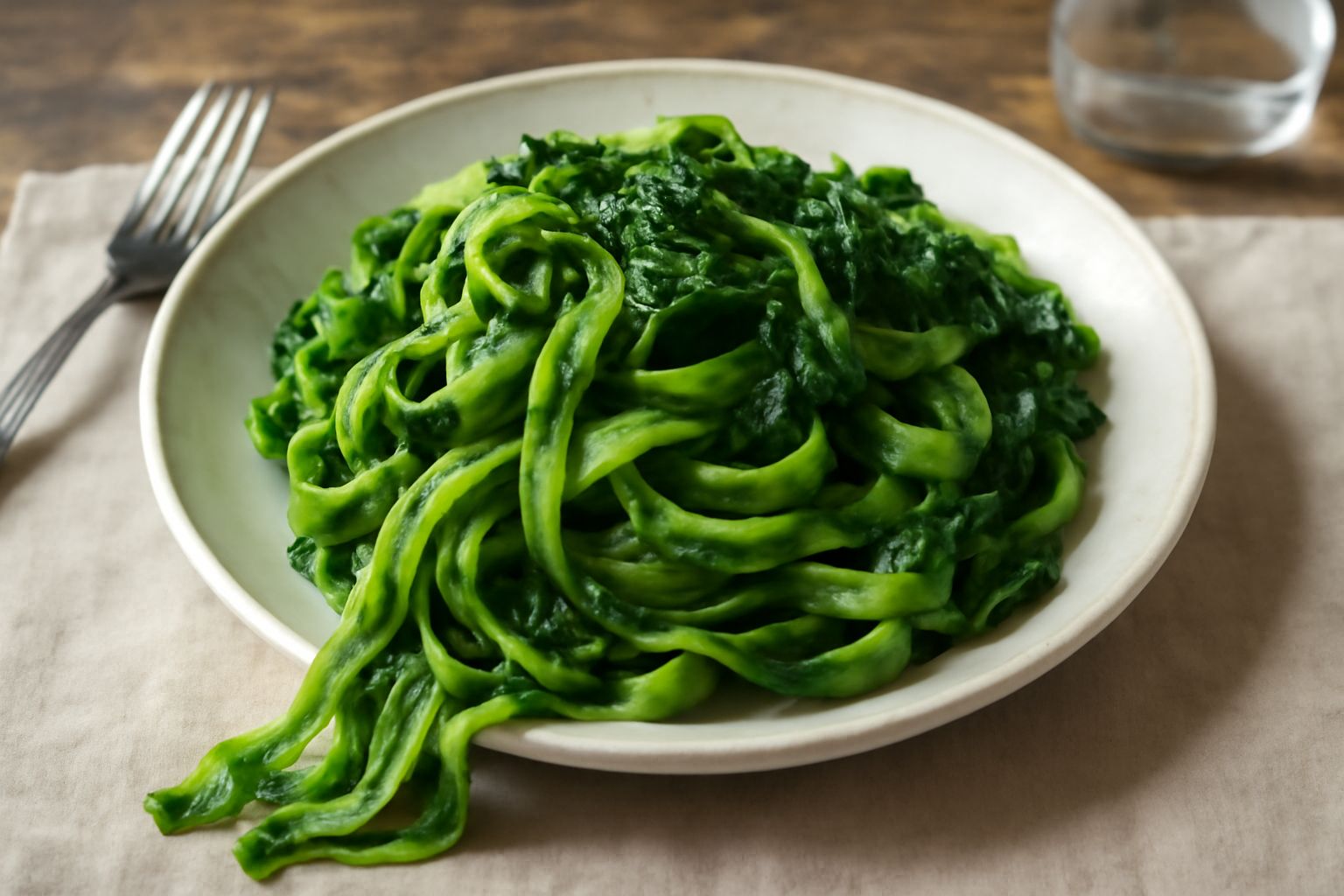 Piatto di pasta pappardelle con spinaci verdi saltati, aglio dorato, uno spruzzo di olio d'oliva su superficie lucida, grattugia di parmigiano leggera, posta su tavola di legno chiaro