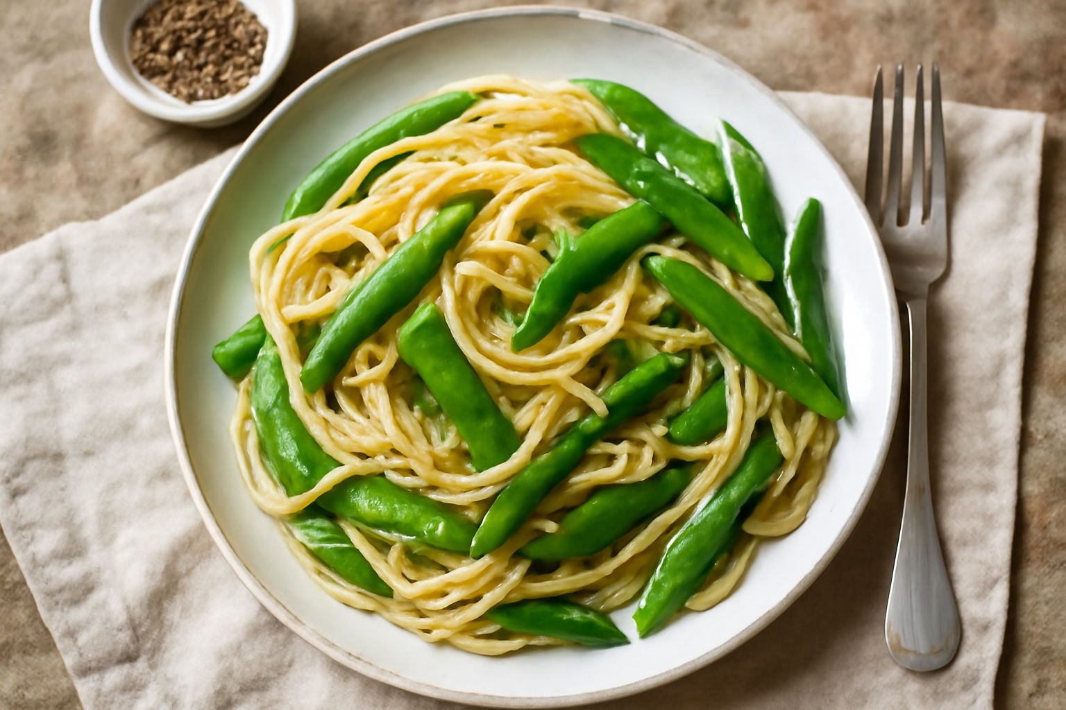 Piatto di pasta spaghetti con taccole verdi croccanti e brillanti di olio, aglio dorato e pepe nero grossolano, servito in un piatto bianco fondo su tavolo di legno chiaro