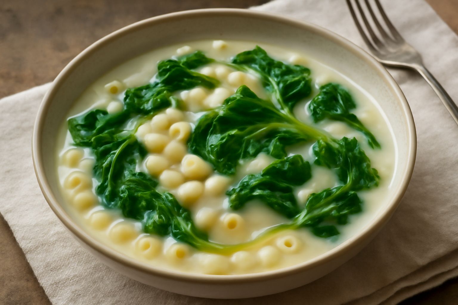 Un piatto fondo di ceramica bianca con pasta cremosa color avorio, foglie verde intenso di tenerumi sparpagliate in superficie, condimento di olio verde oliva e uno spolvero di pepe nero macinato fres