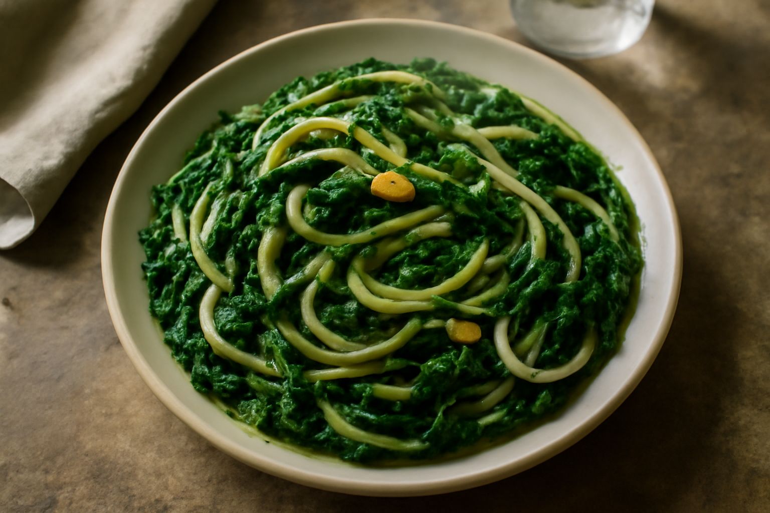 Piatto di pasta con torzelle cotta, cavolo riccio verde scuro mescolato alla pasta, condimento di aglio dorato in olio, servito in scodella bianca su tavolo in legno