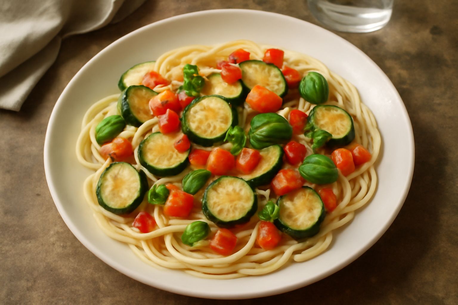 Piatto di pasta integrale con zucchine tagliate a rotelle dorato-grigie, pomodori rossi tagliati a cubetti, basilico fresco verde e un filo di olio d'oliva, servito in un piatto bianco.