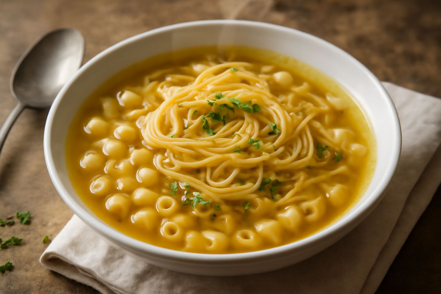 Ciotola di ceramica bianca con pasta e vermicelli immersi in brodo dorato trasparente, guarnita con una spruzzata di prezzemolo fresco, cucchiaio di legno appoggiato sul bordo
