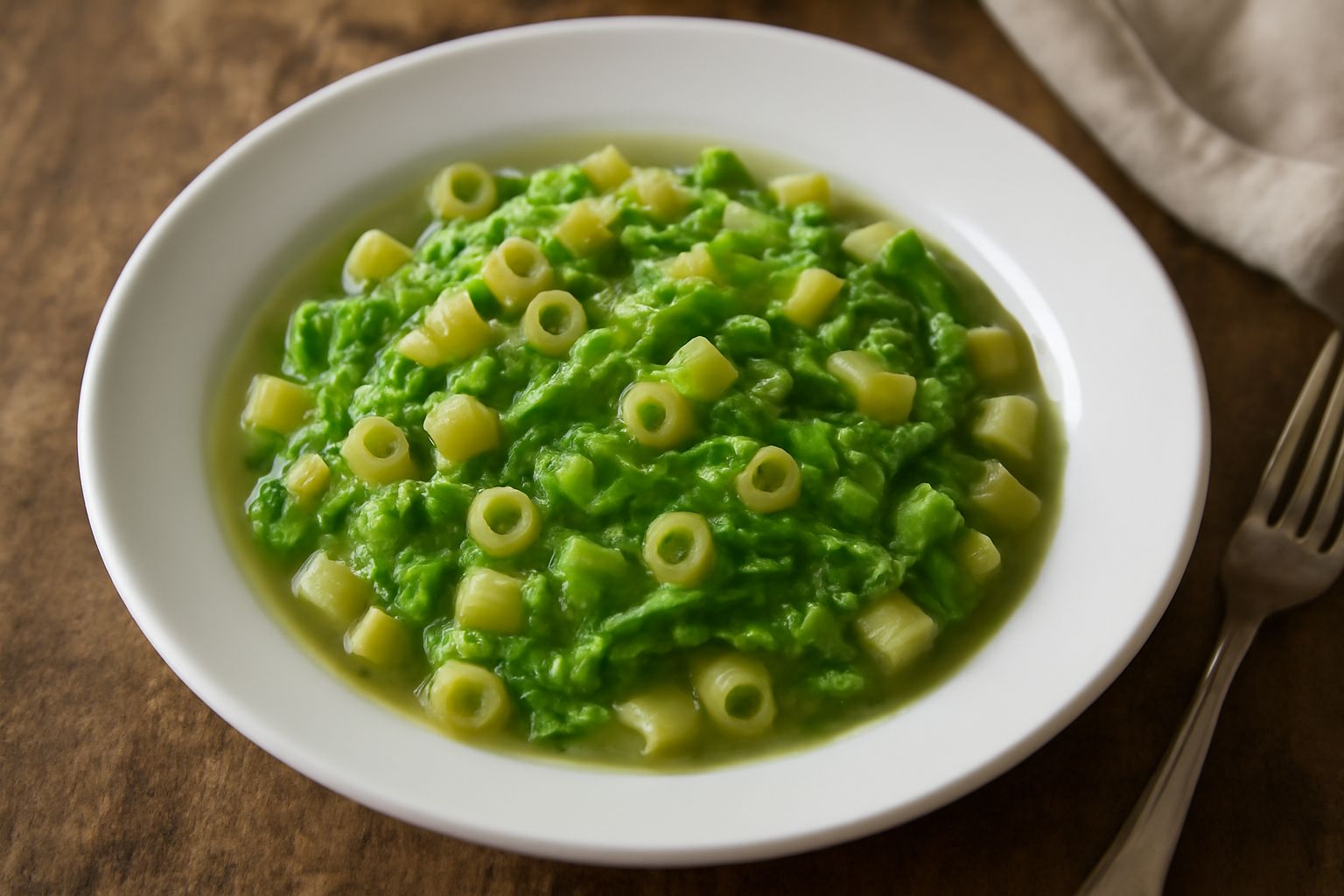 Piatto bianco con pasta rigatoni mescolata a verza verde scuro e morbida, spolverata di pecorino romano grattugiato e pepe nero, contorno di brodo trasparente