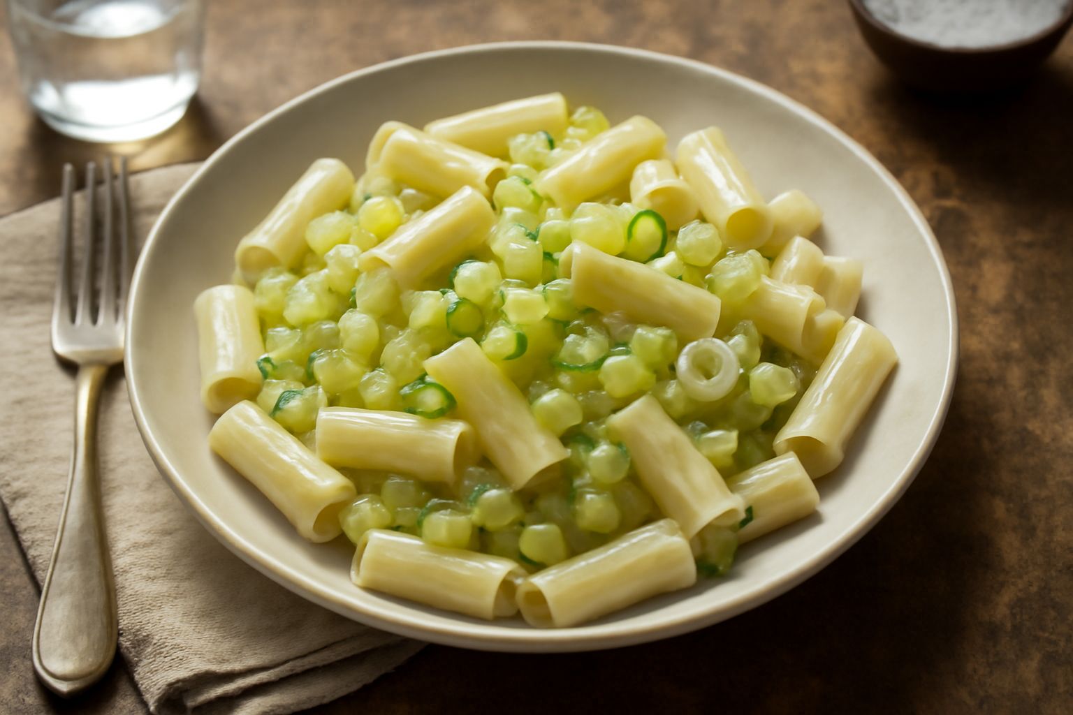 Un piatto di pasta bianca con zucchine tagliate a dadini trasparenti e morbide, condimento color crema chiaro, foglia di basilico verde, parmigiano grattugiato leggero, piatto bianco opaco, forchetta 