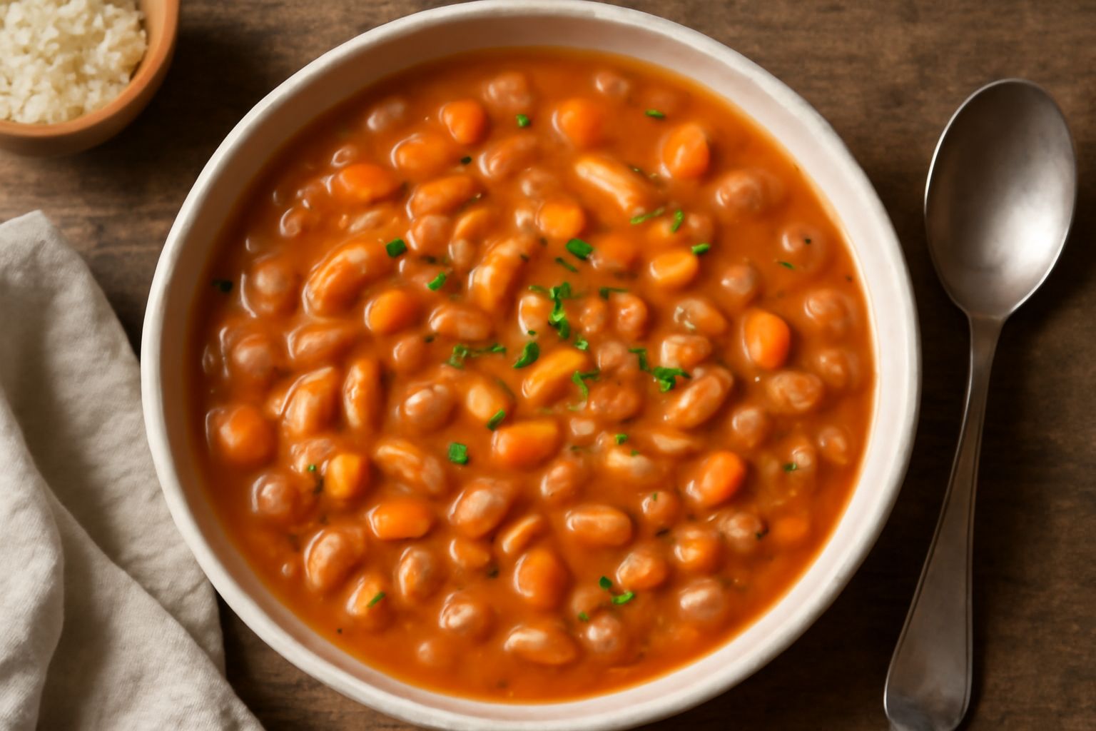 Ciotola di ceramica bianca contenente pasta e fagioli con verdure, brodo trasparente, carote arancioni tagliate a dadini, sedano verde, fagioli rossi, pasta corta, cosparso di prezzemolo fresco; il pi