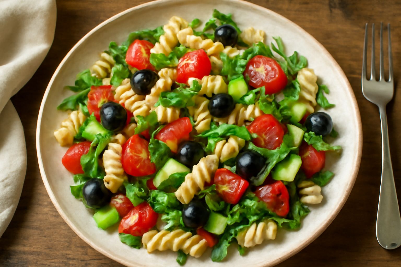 Piatto di pasta fredda a 'nsalata con penne rigate multicolore, pomodori rossi tagliati a cubetti, cetriolo verde, olive nere, cipolla rossa e prezzemolo fresco, condita con olio d'oliva, servita in u