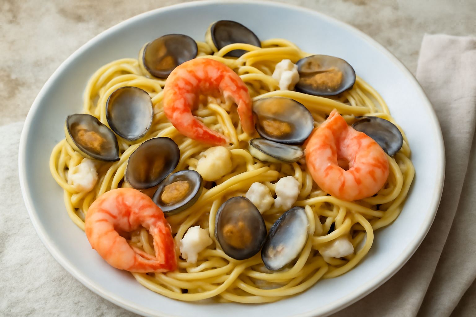 Piatto di pasta fredda ai frutti di mare con linguine, vongole verniciate, gamberi rosa, pezzetti di calamari bianchi e gialli, pomodorini rossi, prezzemolo verde, in un piatto bianco su tavolo di leg