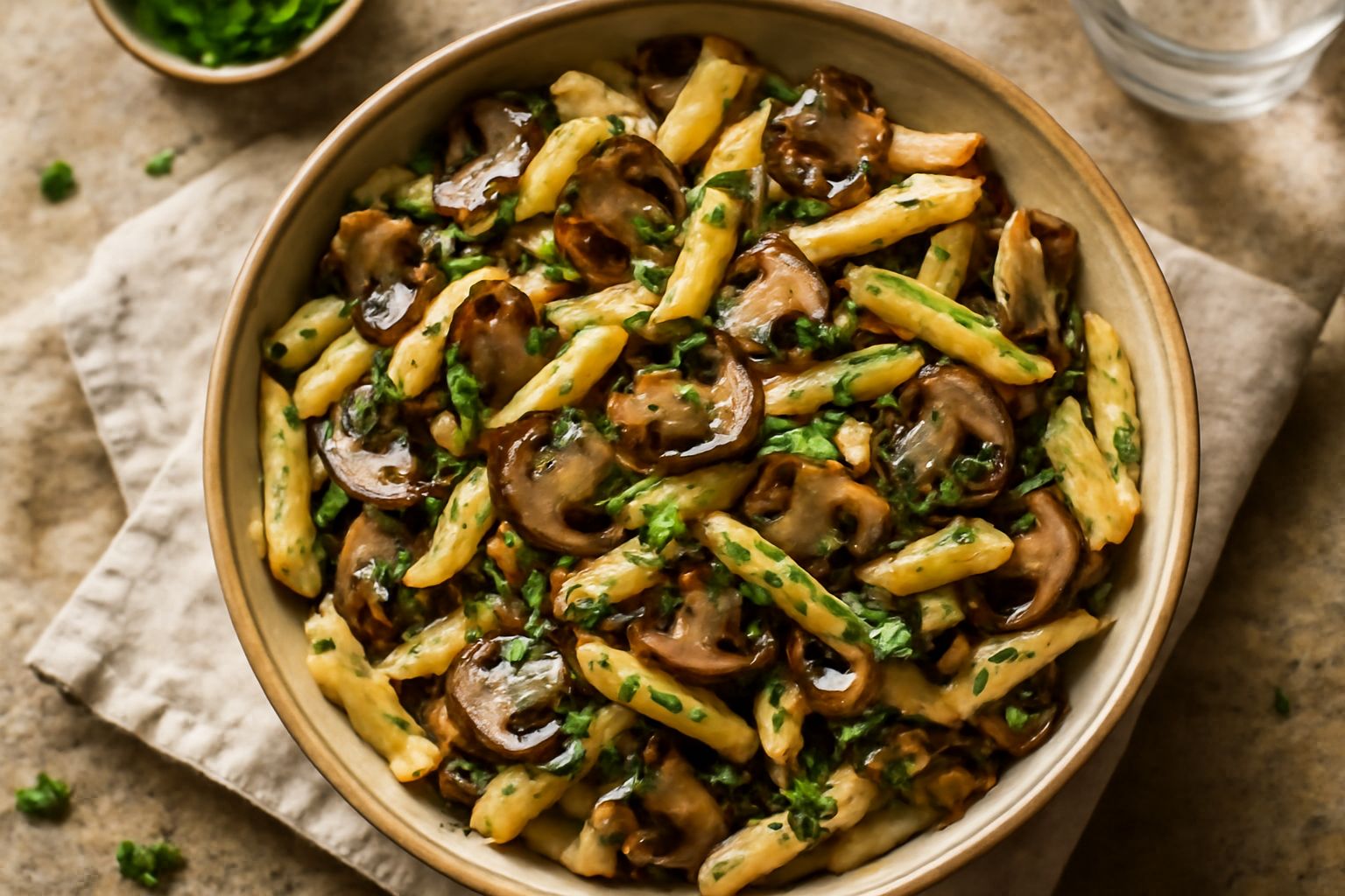 Pasta fredda ai funghi in ciotola bianca: penne integrali gialle e funghi marroni trifolati, guarnita con prezzemolo verde e gocce di olio, piatto visto dall'alto