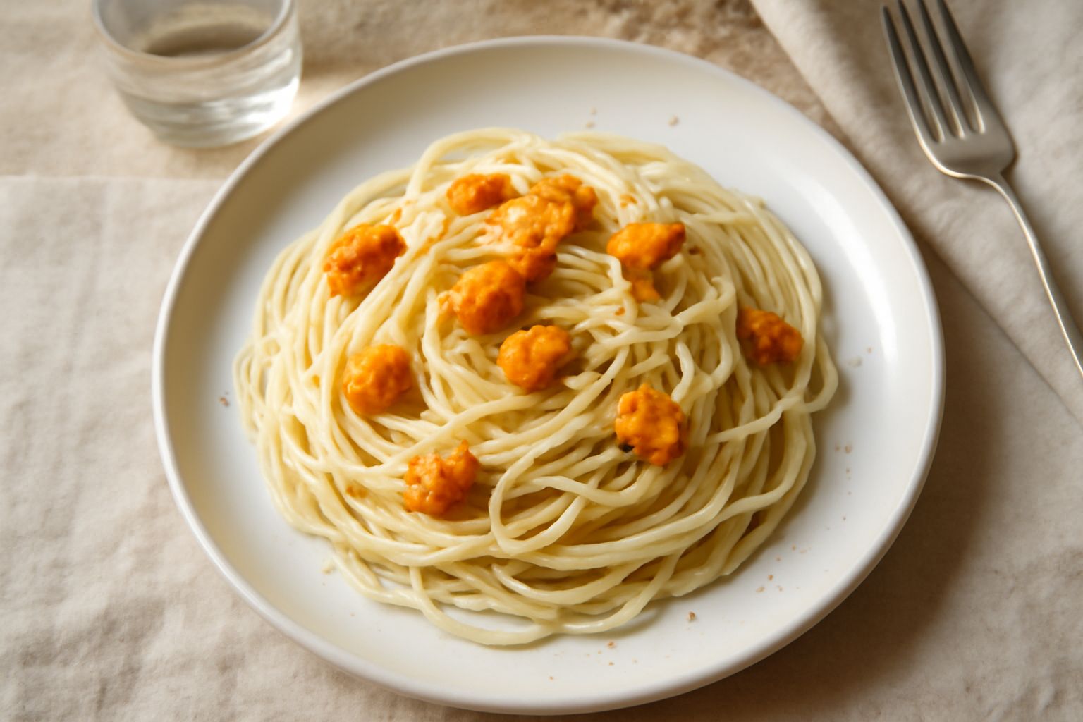 Piatto di pasta corta bianca e beige con ricci di mare gialli, olio d'oliva brillante, zest di limone fresco sparso in superficie, servito in ciotola bianca ampia con fondo di nero o blu scuro, contor