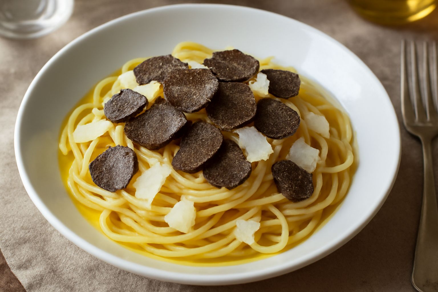 Piatto di pasta fredda in porcellana bianca con spaghetti o tagliatelle d'oro, lamine sottili di tartufo nero lucente sparse in superficie, filo d'olio d'oliva verde, scaglie di parmigiano bianche, pr