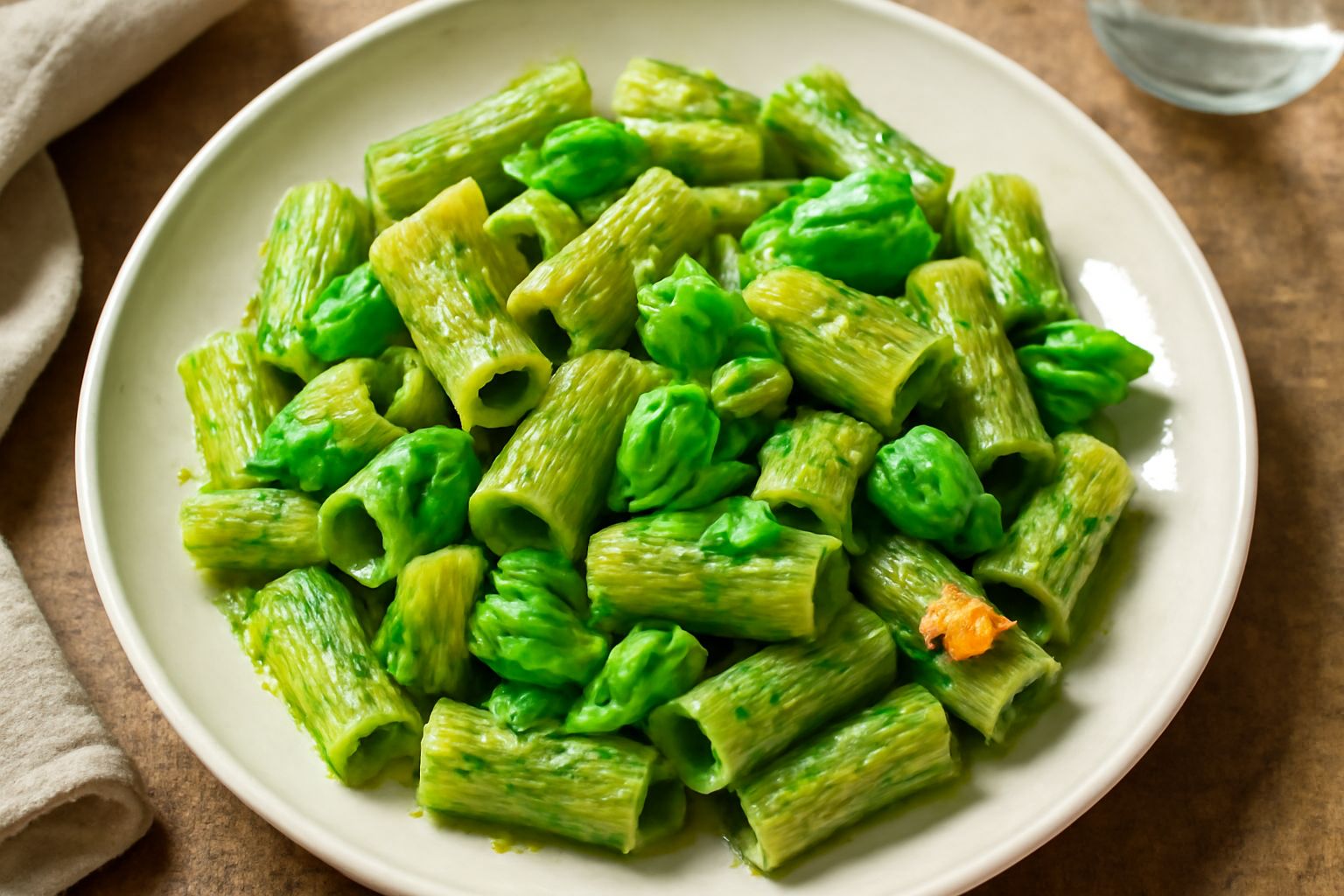 Piatto di pasta fredda al basilico con penne rigate verdi e fragranti, condite con olio e basilico fresco, servito in un piatto bianco con fettine di limone sul bordo