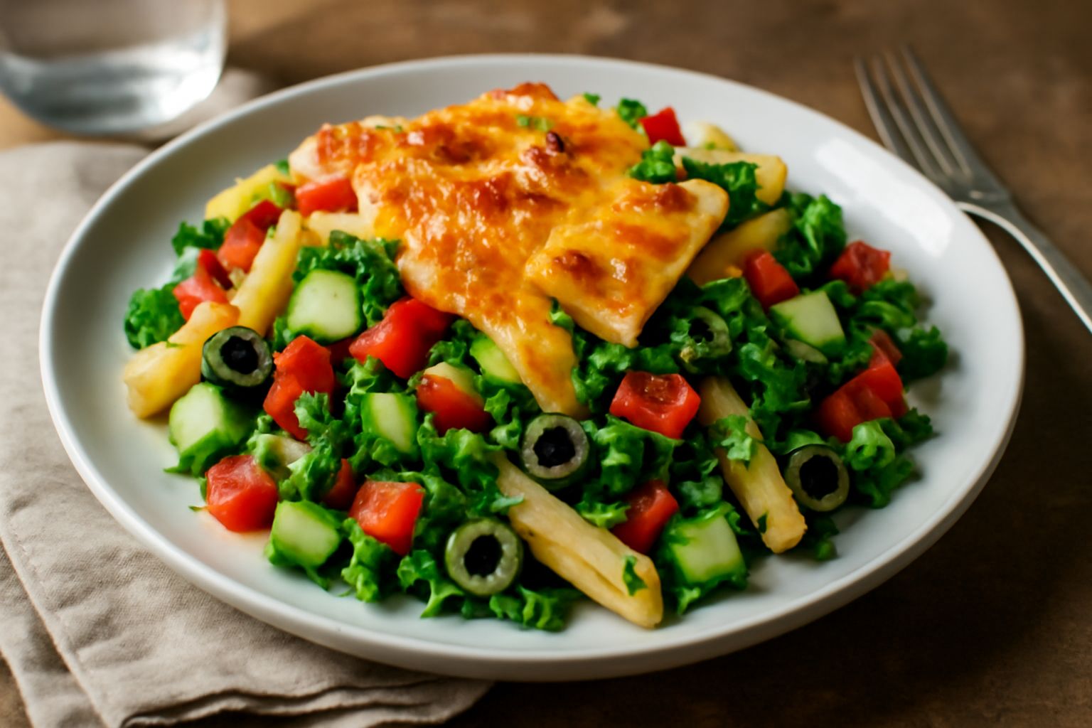 Piatto di ceramica bianca con pasta fredda al forno, superficie dorata e croccante, condita con verdure fresche e prezzemolo verde, cibo pronto da servire