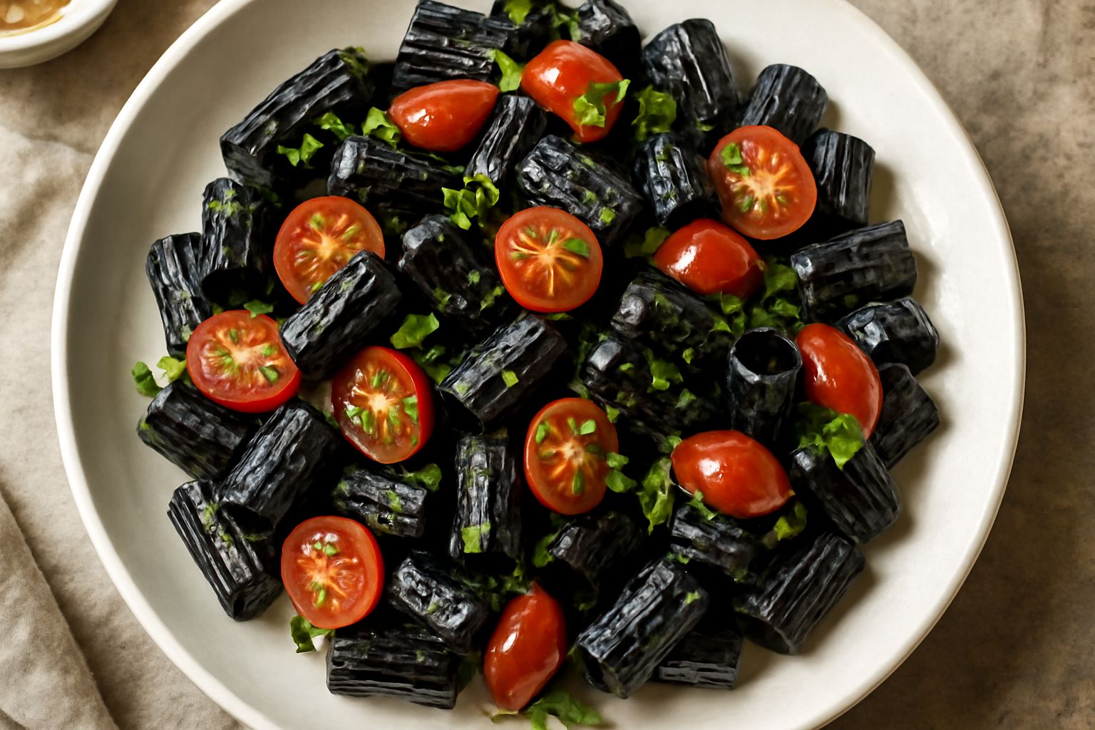 Piatto di pasta nera al nero di seppia condita con pomodorini rossi, prezzemolo verde e un filo d'olio, servita in un piatto bianco con una bottiglia d'olio sullo sfondo