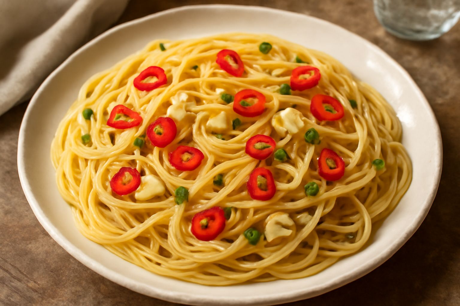 Piatto bianco con pasta fredda di spaghetti giallo pallido condita con olio e peperoncino rosso, aglio affettato, prezzemolo verde sopra, sfondo tavolo bianco, luce naturale
