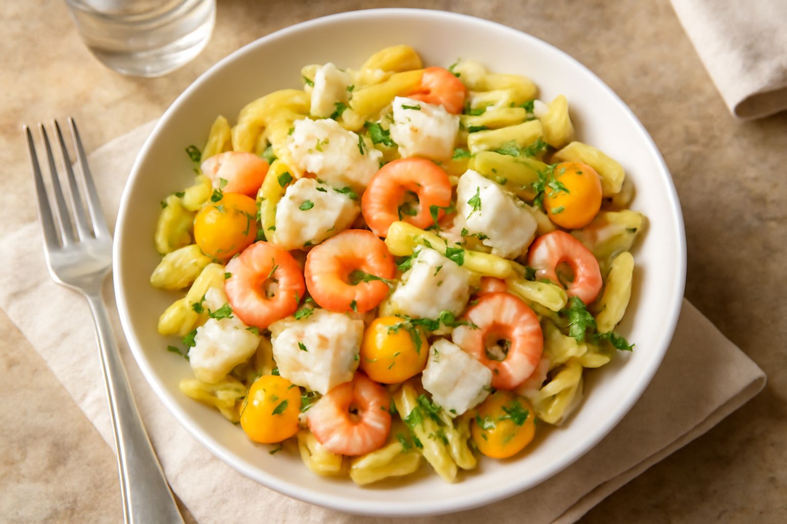 Piatto di pasta fredda al pesce con gamberetti rosa, calamari bianchi e filetti di pesce su un letto di pasta rigatoni, decorato con prezzemolo verde, limone e pomodorini gialli, servito in un piatto 