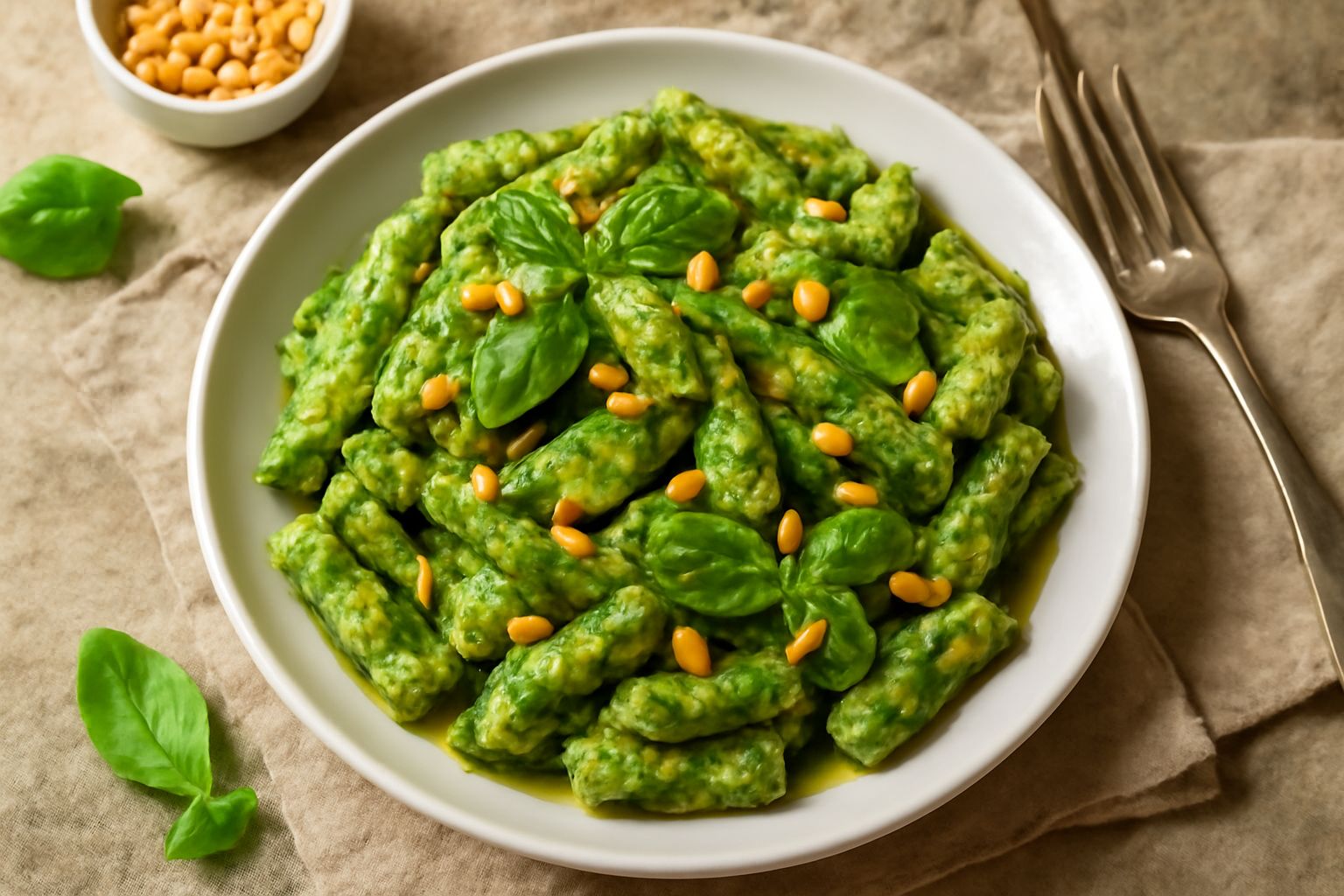 Piatto rotondo di pasta penne fredda condita con salsa verde pesto, guarnito con pinoli sparsi e foglioline di basilico fresco, su fondo bianco