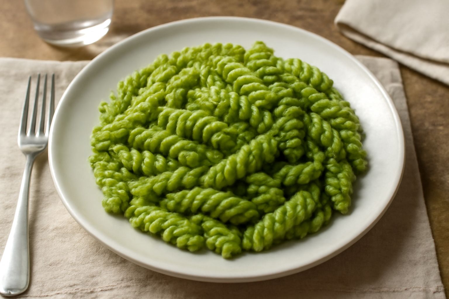 Piatto di pasta fredda al pesto genovese con fusilli ricoperti di pesto verde cremoso, decorato con foglie di basilico fresco, pinoli dorati e scaglie di parmigiano su superficie bianca.