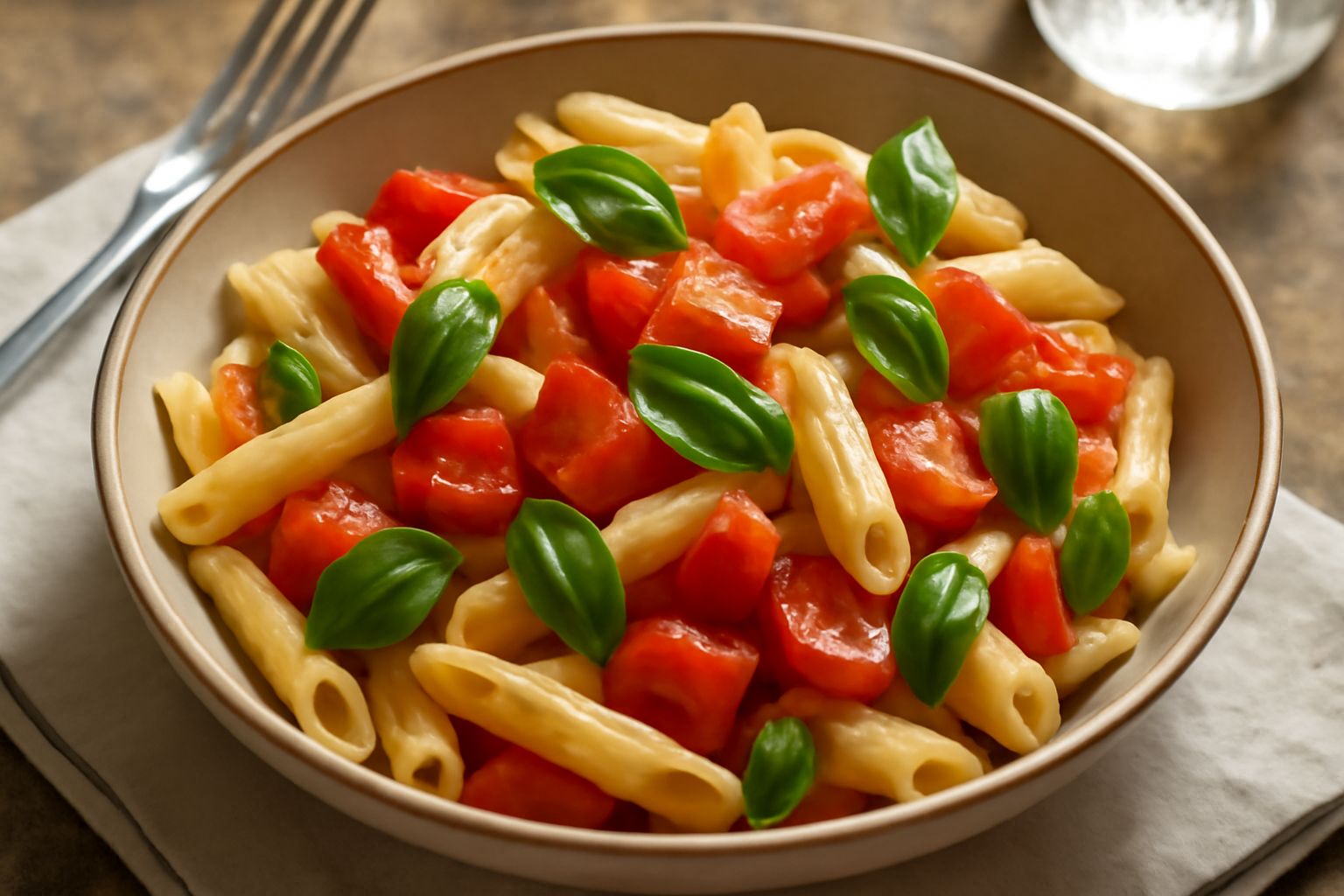 Una ciotola di pasta penne bianche con cubetti di pomodoro rosso brillante, foglie di basilico verde e filo di olio d'oliva dorato in superficie, servita su un piatto bianco